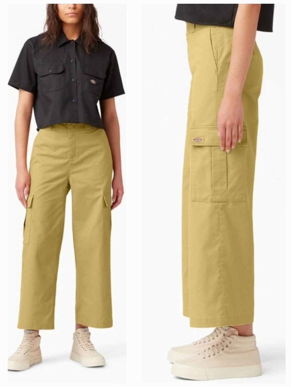 Dickies Khaki Regular Fit Hi Rise Wide Leg Cropped Cargo Pants Skater 90s Nwt 8